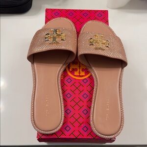 Tory Burch Gold and Tan Embellished Sandals